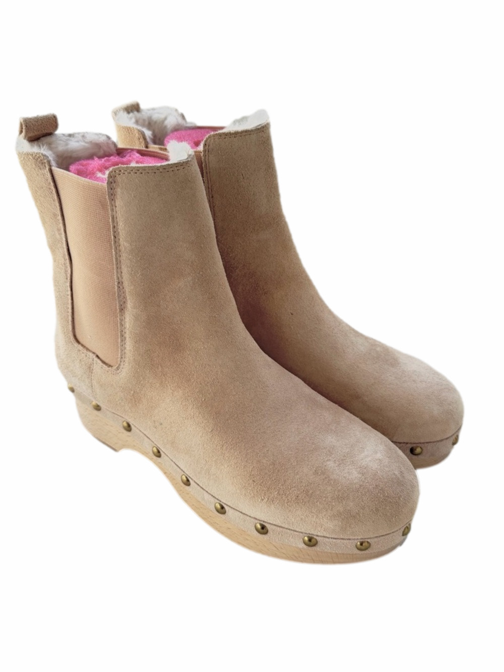 J. Crew Chelsea Suede Faux Fur Lined Wooden Clog Boots Cream Beige Size 7-5 EUC